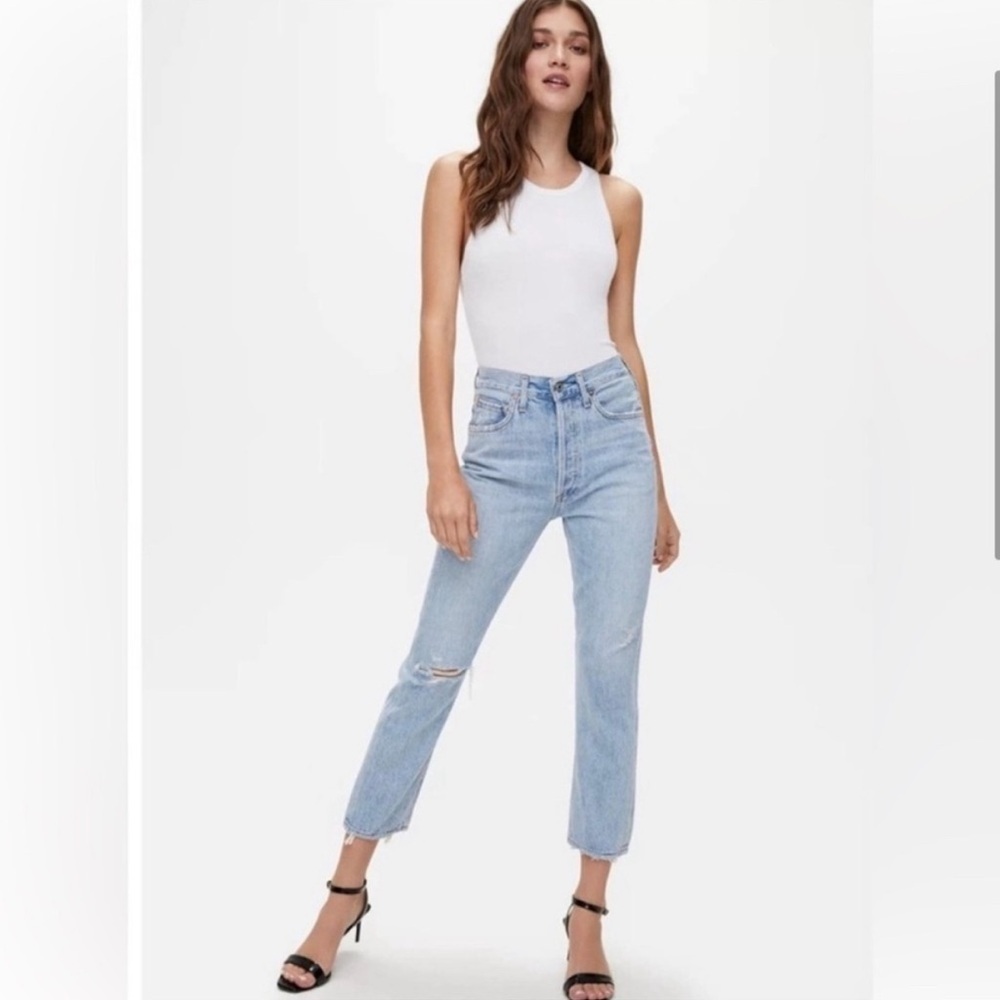 Agolde Riley Straight Leg Jeans Distressed Cropped Light Wash 25 Minimal Chic